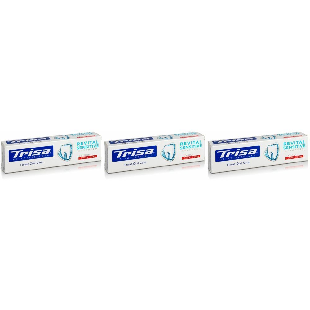 Trois tubes de dentifrice. Inscription: TRISA, Revital Sensitive. Emballage blanc avec texte bleu et rouge. Symbole de dent.