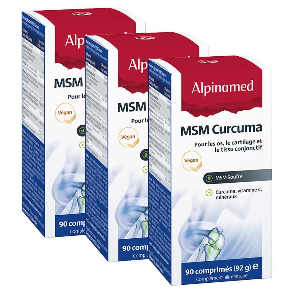 Trois boîtes Alpinamed MSM Curcuma. Couvercles rouges, côtés blancs. Texte: MSM Curcuma, 90 comprimés, vegan. Pour les os, le cartilage et le tissu conjonctif.