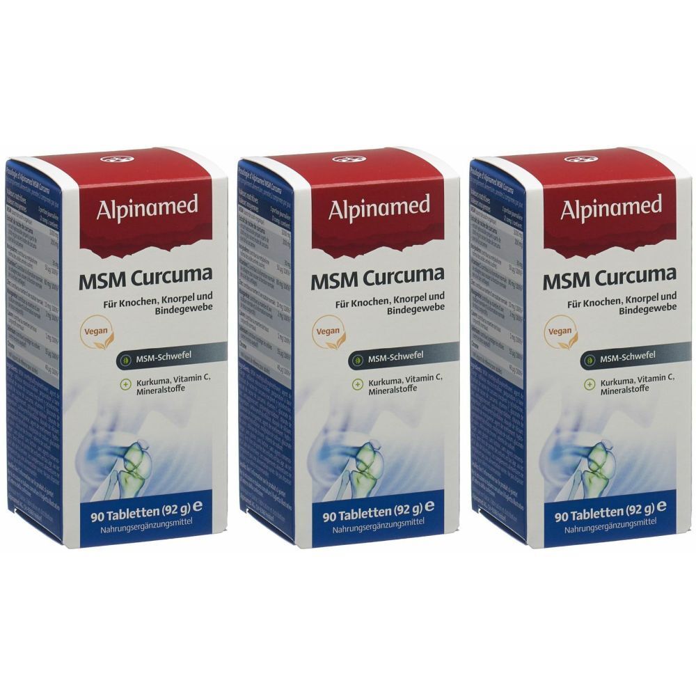 Trois boîtes Alpinamed MSM Curcuma. Couvercles rouges, côtés blancs. Texte: MSM Curcuma, 90 comprimés, vegan. Pour les os, le cartilage et le tissu conjonctif.
