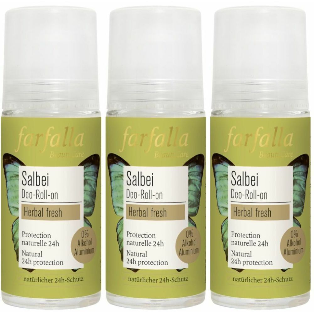 Trois déodorants roll-on Salbei. Inscription: forfolla, Salbei Deo-Roll-on, Herbal fresh, protection 24h. Sans alcool et aluminium.