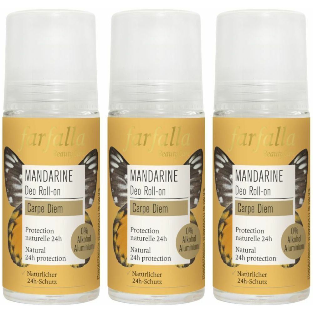Trois déodorants roll-on à la mandarine. Étiquettes dorées avec nom du produit et motif papillon. Bouchons transparents.