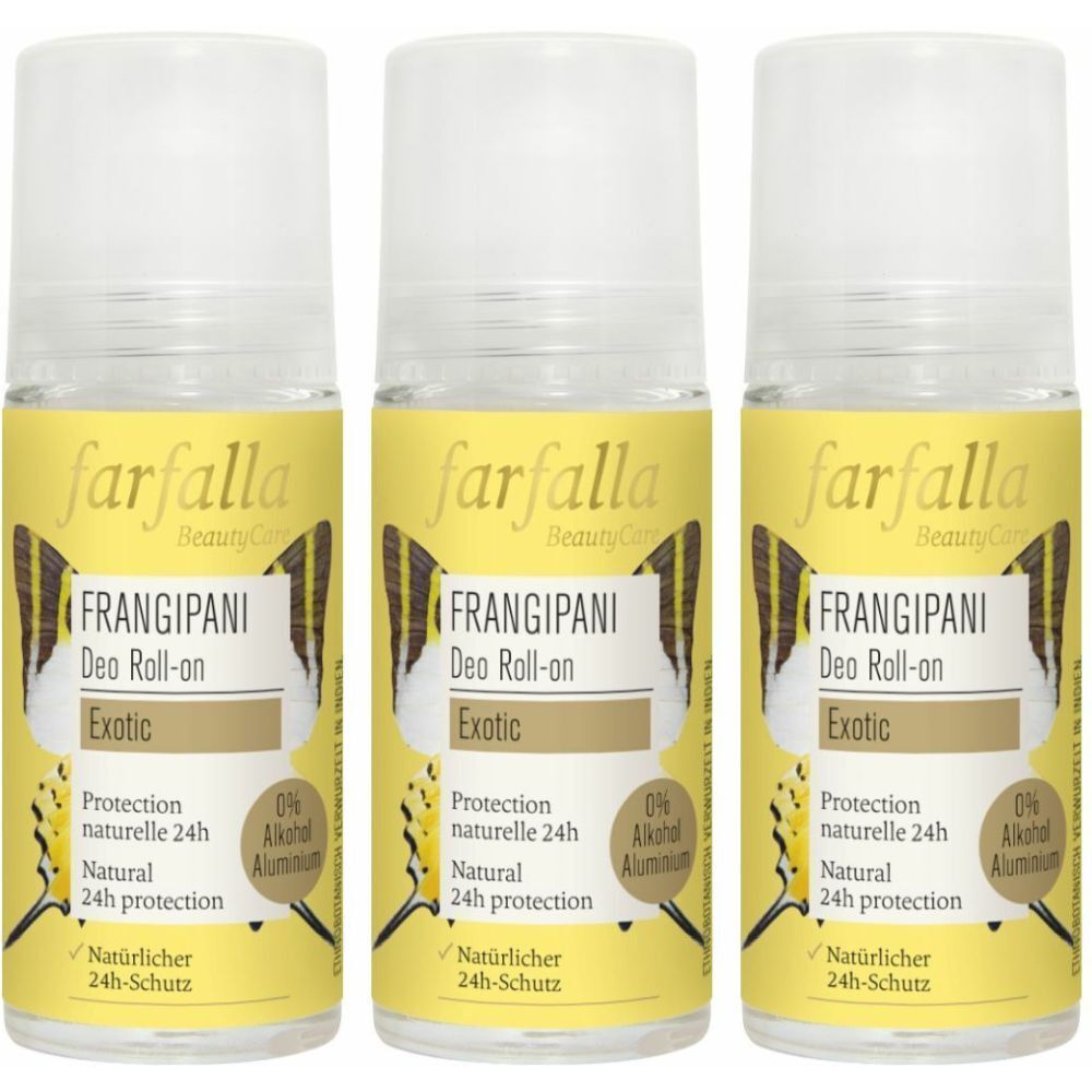 Trois déodorants roll-on avec étiquettes jaunes. Inscription : farfalla BeautyCare FRANGIPANI Deo Roll-on Exotic. 0% aluminium, protection 24h.