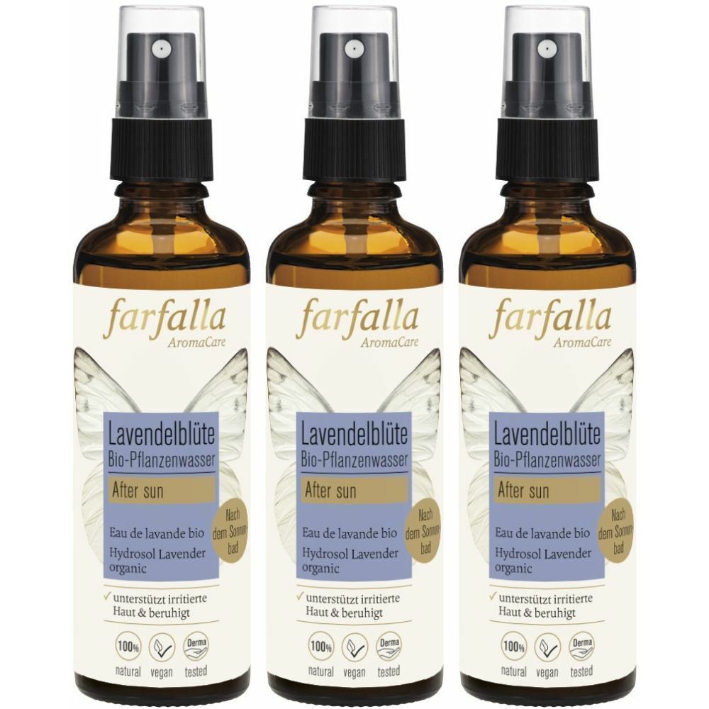 Trois flacons avec vaporisateur. Inscription: farfalla AromaCare, Lavendelblüte Bio-Pflanzenwasser, After Sun. Étiquette avec texte et logo.