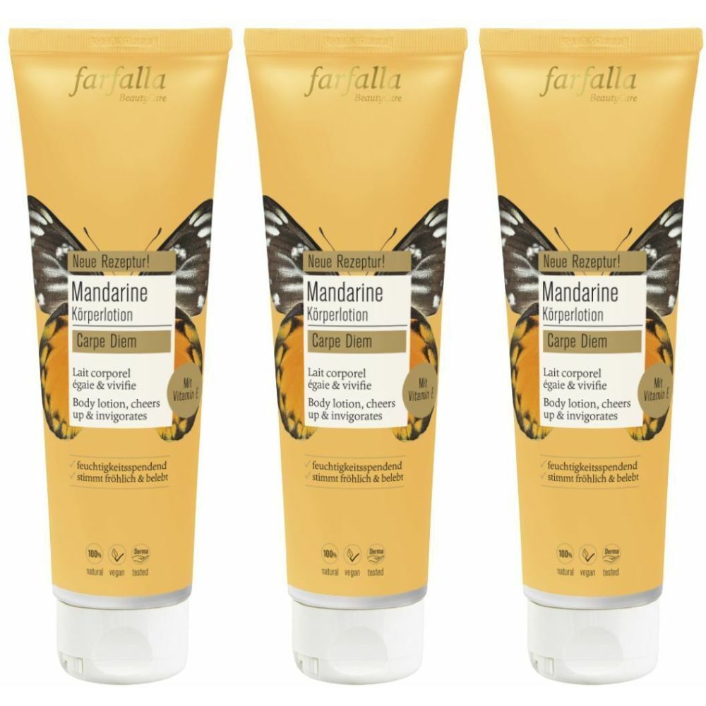 Trois tubes de lotion pour le corps avec impression de mandarine. Inscription : farfalla, Mandarine Körperlotion, Carpe Diem.