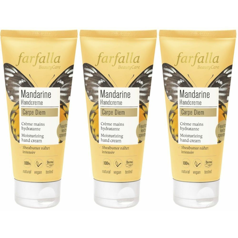 Trois tubes de crème pour les mains. Emballage jaune avec motif papillon et inscription Mandarine. Contient du beurre de karité.