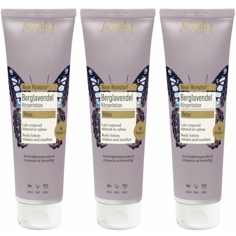 Trois tubes de lotion pour le corps. Chaque tube porte l'inscription "Berglavendel Körperlotion Relax". L'emballage présente un motif de papillon.