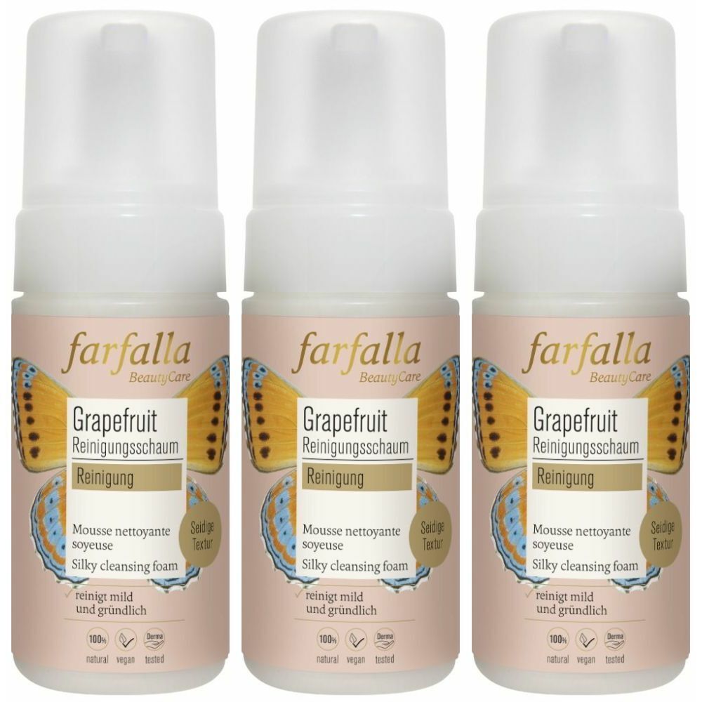 Trois flacons de farfalla BeautyCare Grapefruit Reinigungsschaum. Étiquette rose avec papillon, nom du produit et texte.