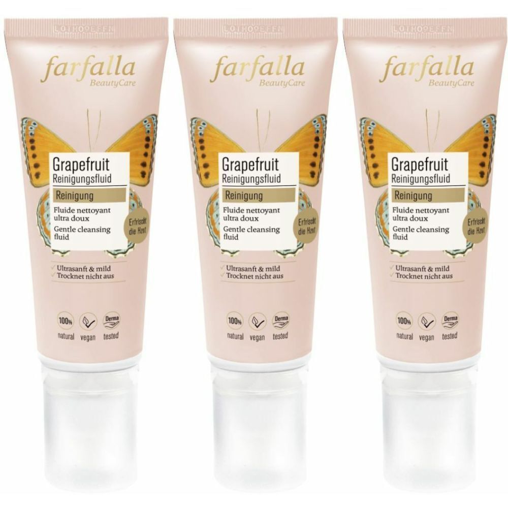 Trois tubes de fluide nettoyant. Inscription : farfalla, Grapefruit Reinigungsfluid, Fl. nettoyant ultra doux, Gentle cleansing fluid.