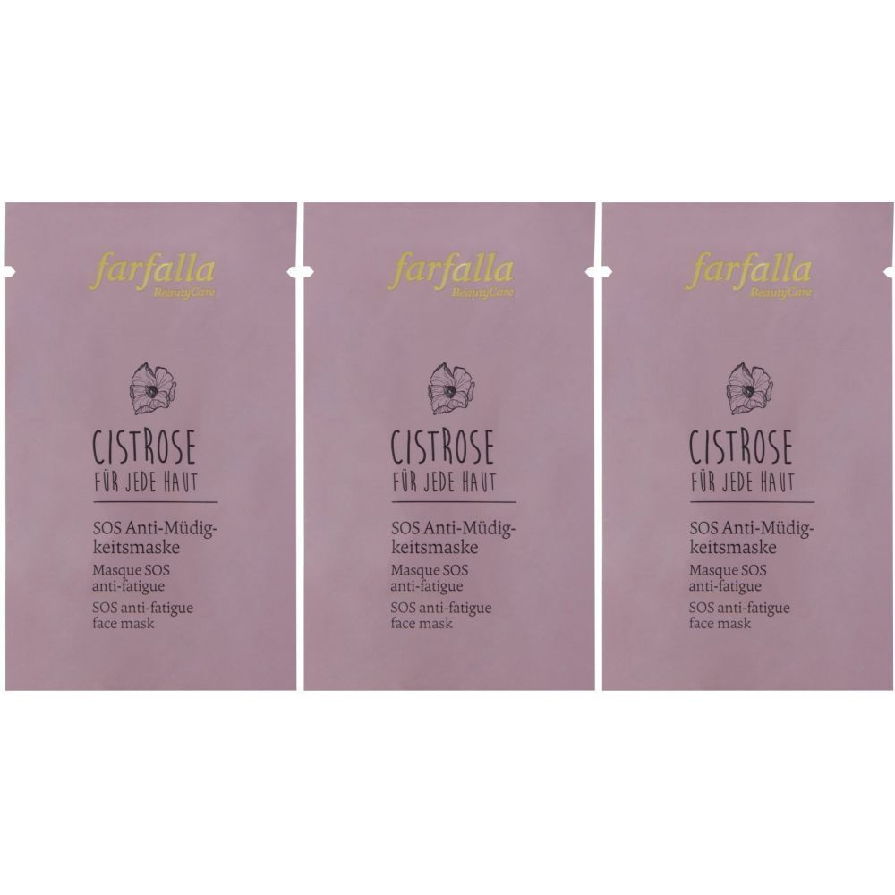 Trois sachets roses avec l'inscription "farfalla Cistrose SOS Anti-fatigue face mask".
