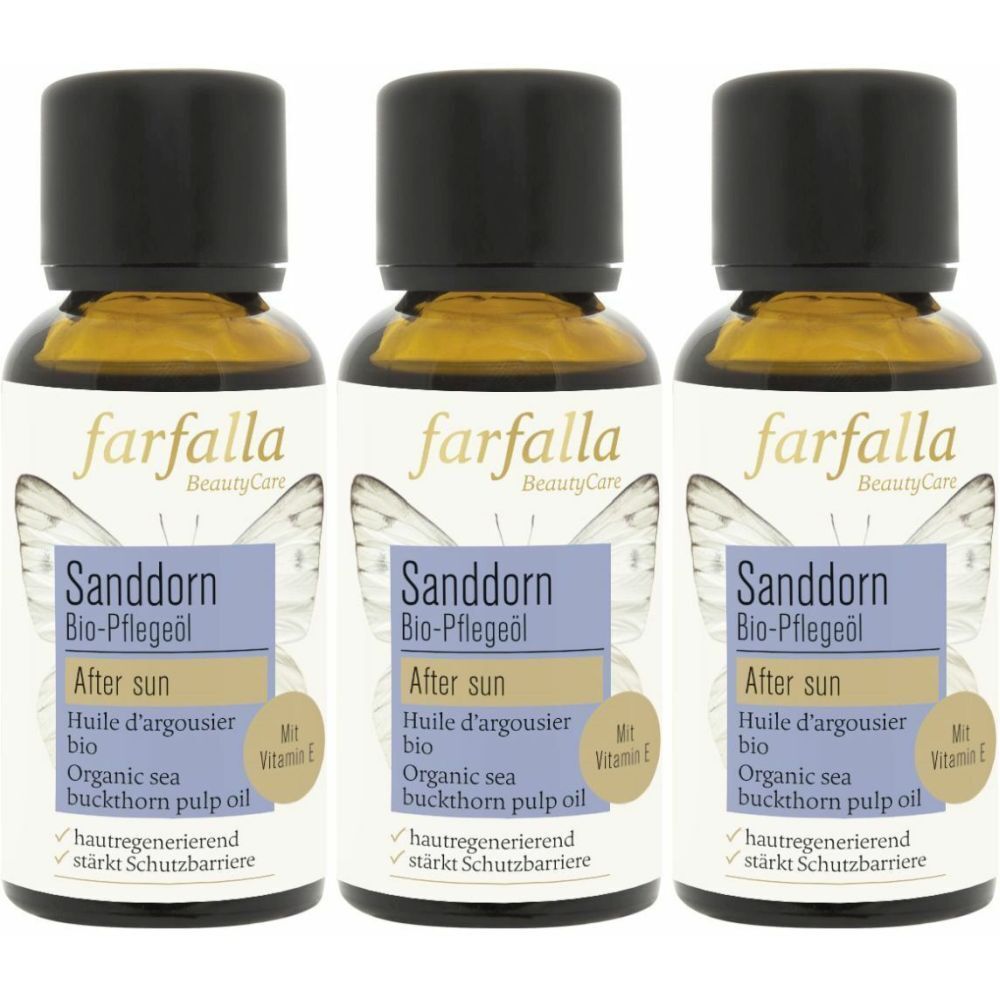 Trois flacons d'huile de soin bio d'argousier. Huile brune dans des flacons en verre avec un bouchon noir. Inscription : farfalla, Sanddorn, After Sun, Vitamine E.