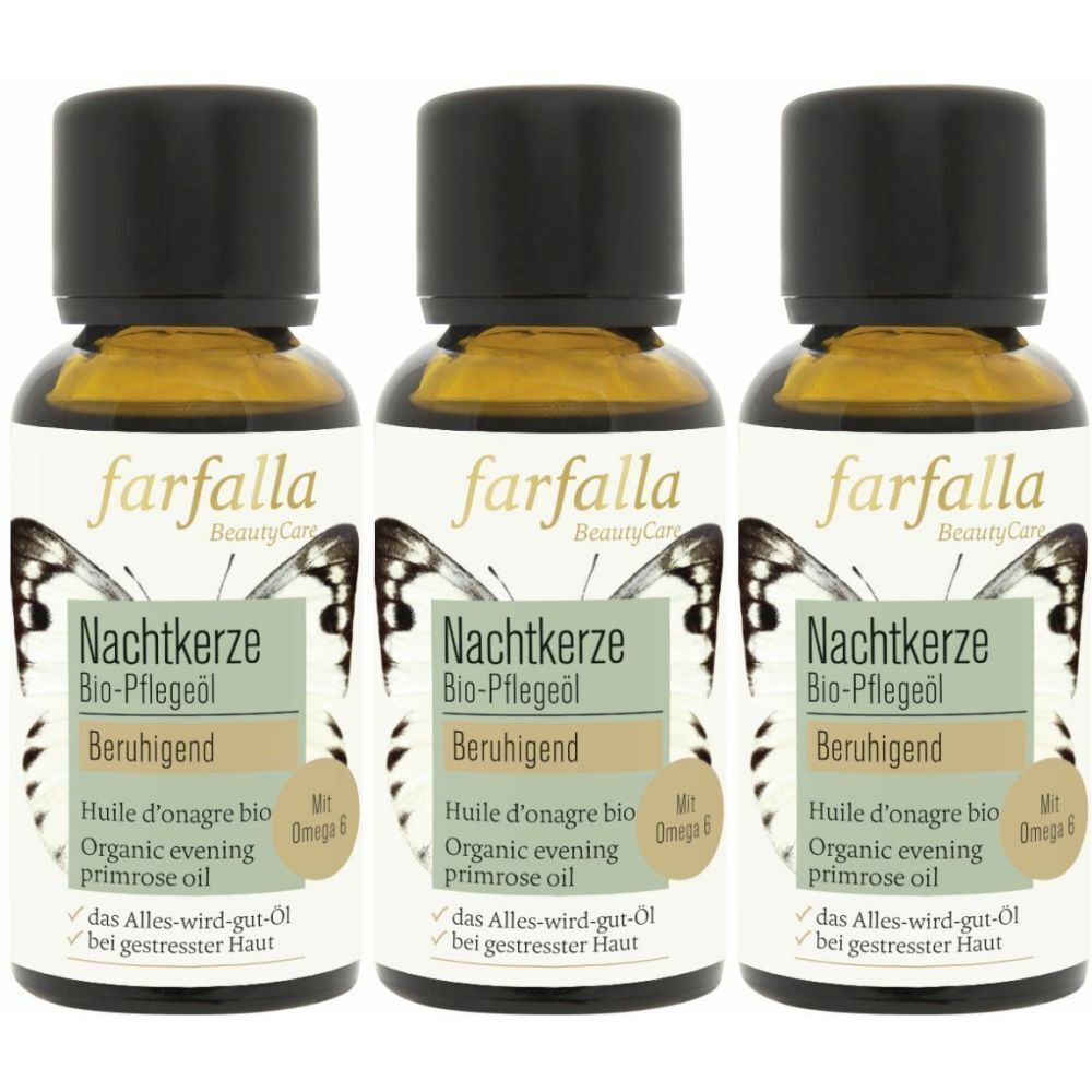 Trois flacons d'huile de nuit biologique FARFALLA. Flacons en verre brun avec bouchon noir et étiquette blanche. Texte : Nachtkerze, Bio-Pflegeöl, Beruhigend.