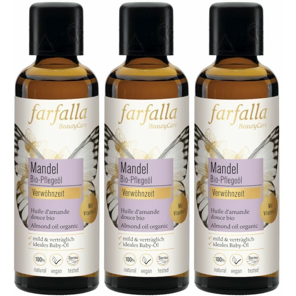 Trois flacons d'huile FARFALLA Bio-Pflegeöl. Étiquette avec nom du produit, motif papillon et texte. Bouchon noir, huile brune.