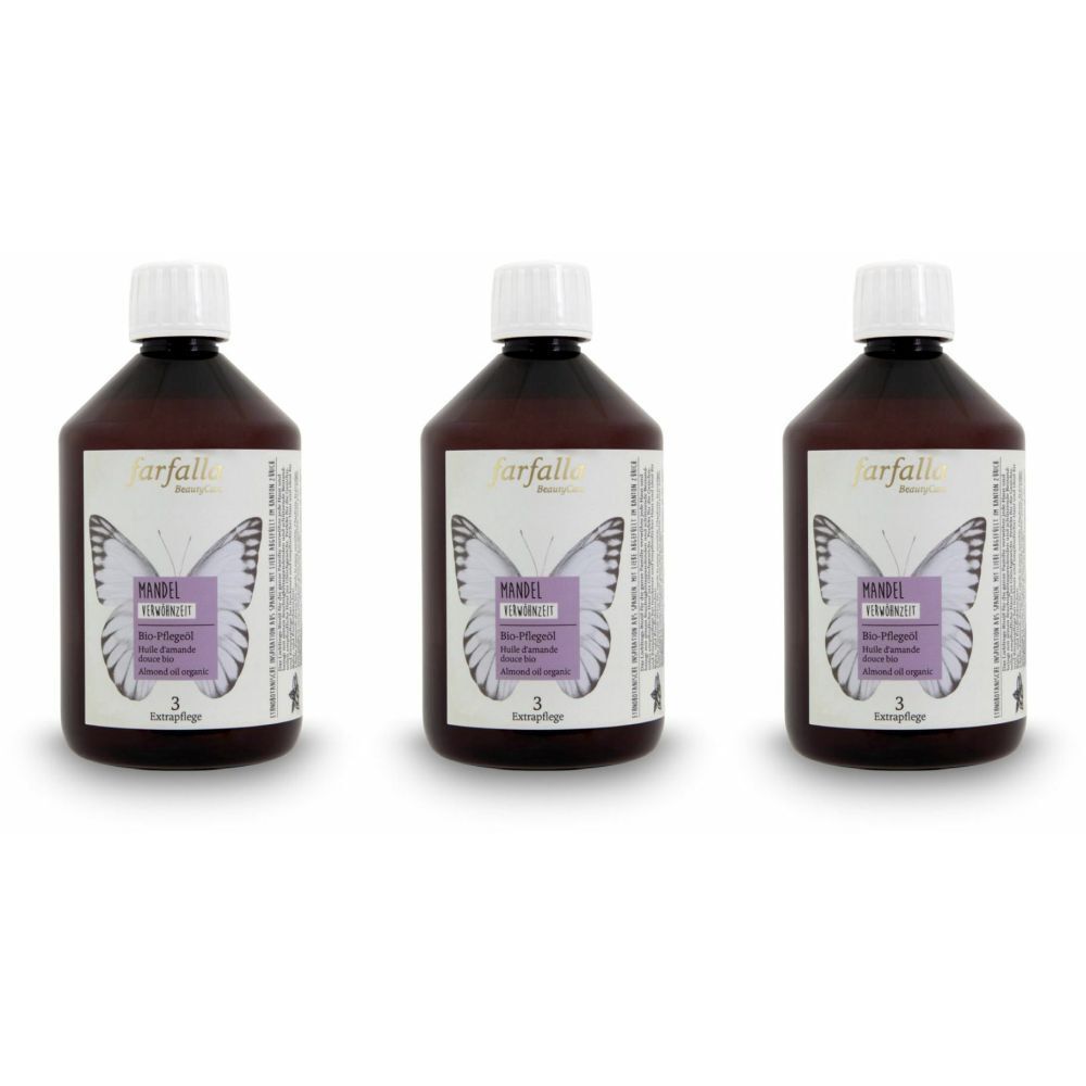 Trois flacons bruns avec bouchons blancs. L'étiquette indique "farfalla BeautyCare MANDEL Bio-Pflegeöl".