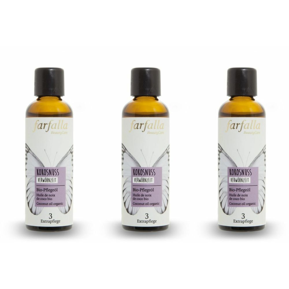 Trois flacons en verre brun avec bouchons noirs. Les étiquettes indiquent "farfalla" et "KOKOSNUSS".