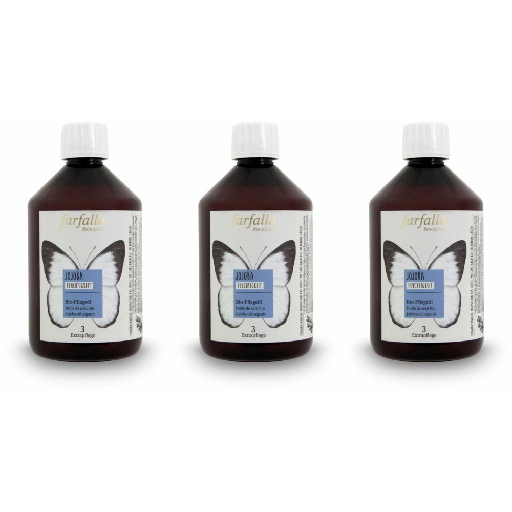 Trois flacons bruns avec bouchons blancs. Étiquette avec papillon et texte. Inscription : JOJOBA bio-Pflegeöl.
