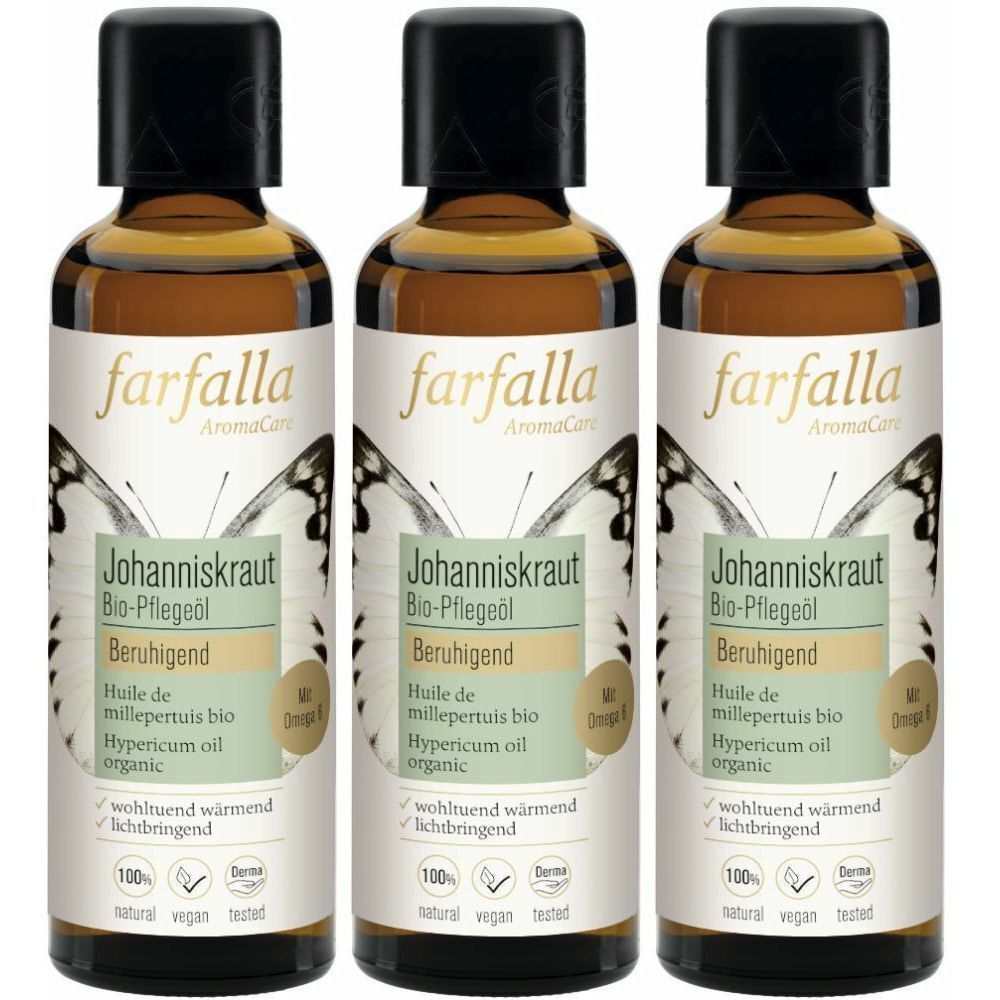 Trois flacons d'huile de soin bio farfalla AromaCare au millepertuis. Flacons en verre brun avec bouchon noir et étiquette.