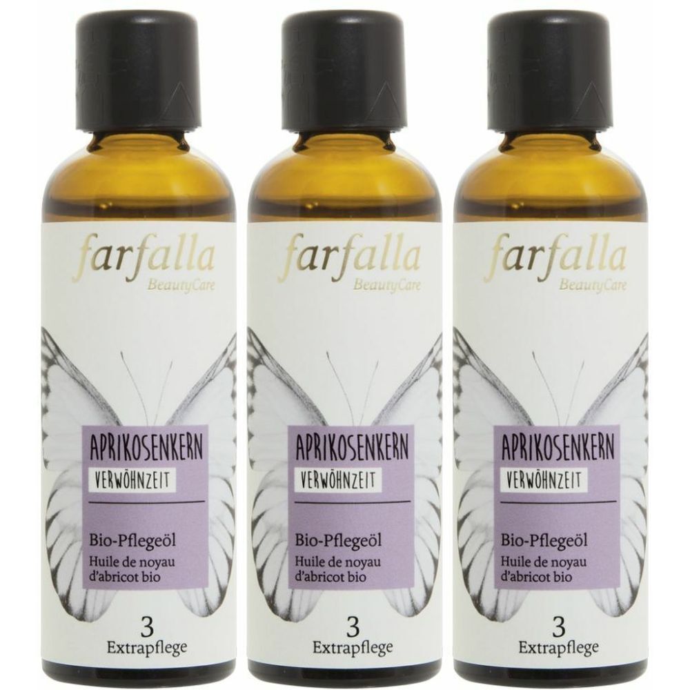 Trois flacons d'huile de soin biologique farfalla BeautyCare. Chaque flacon a un bouchon noir et une étiquette blanche avec des informations.