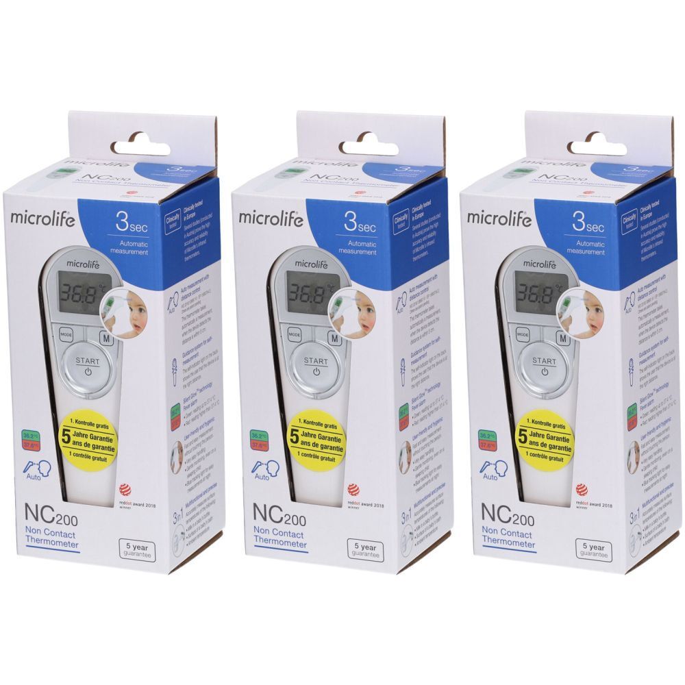 Trois thermomètres sans contact emballés. Chacun affiche un écran avec une lecture de température et la marque Microlife.