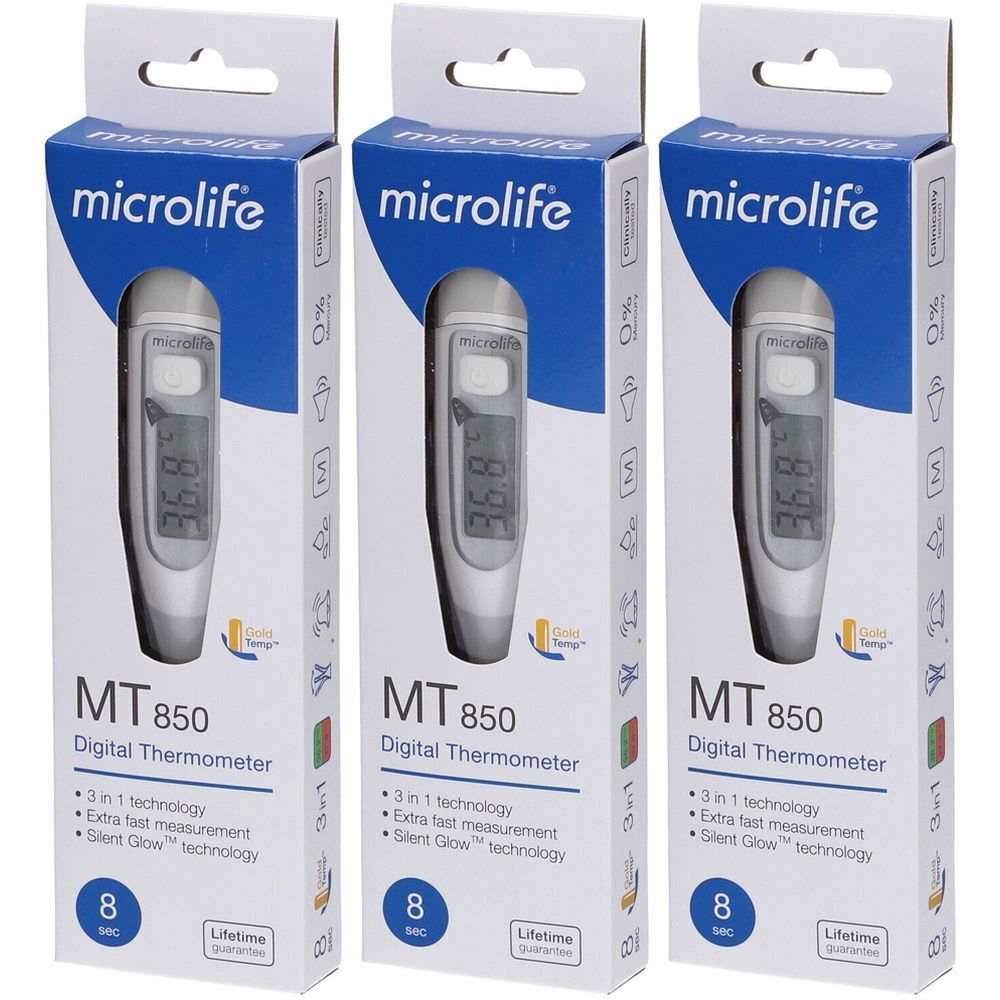 Trois thermomètres dans leur emballage. Chaque thermomètre affiche une température. Sur les boîtes, on lit "microlife" et "MT 850 Digital Thermometer".