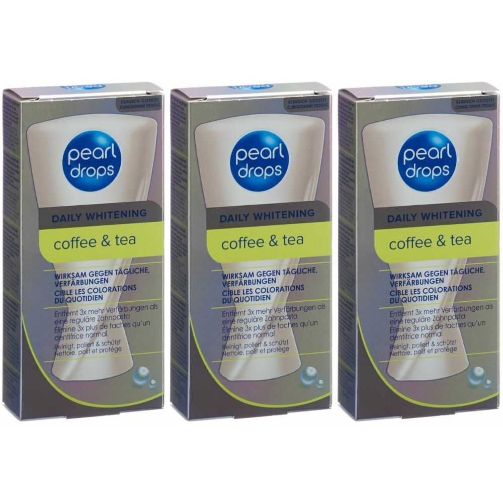 Trois boîtes de Pearl Drops Daily Whitening Coffee & Tea. Inscription: Efficace contre les taches quotidiennes. Contient 3x plus d'ingrédients actifs.