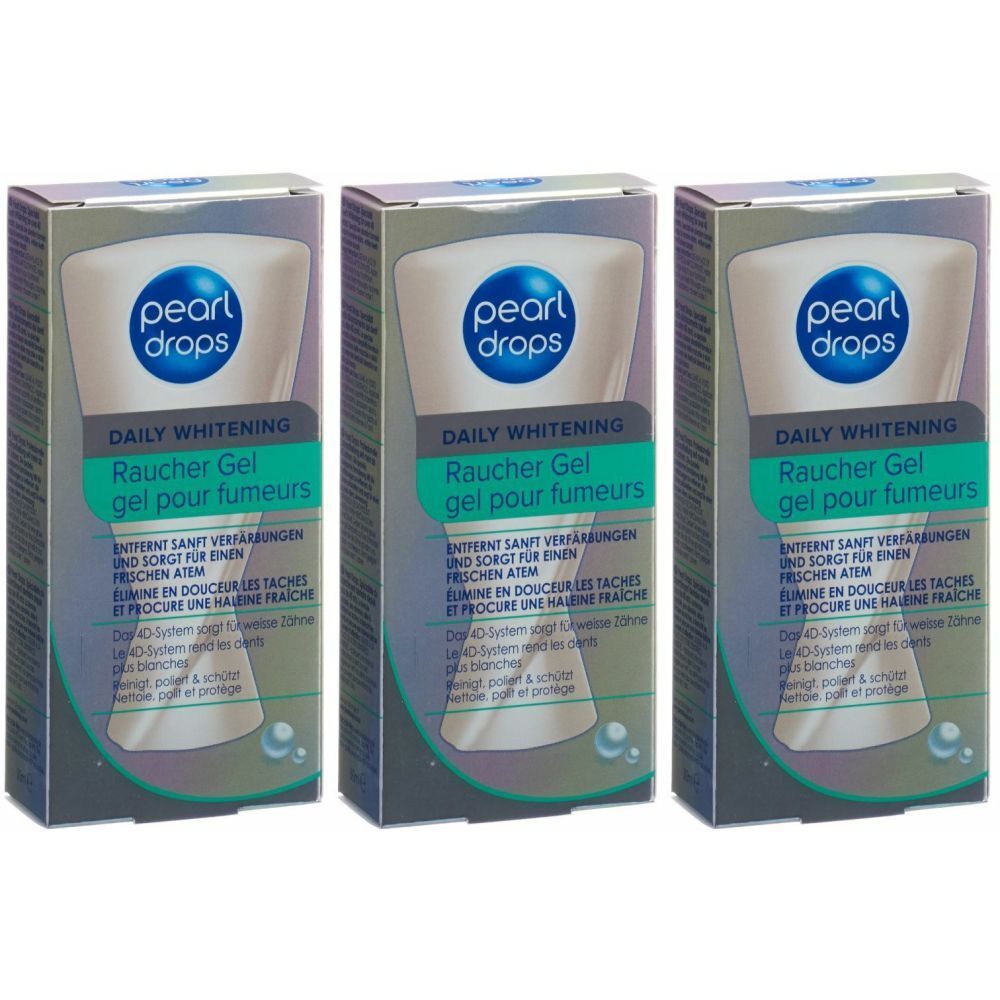 Trois boîtes de "pearl drops" Raucher Gel. Inscription: Daily Whitening, gel pour fumeurs. Design vert et blanc.