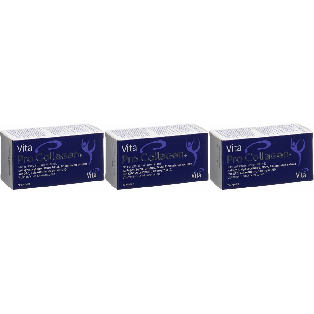Trois boîtes de Vita Pro Collagen. Emballage bleu avec texte blanc. Inscription : Complément alimentaire.