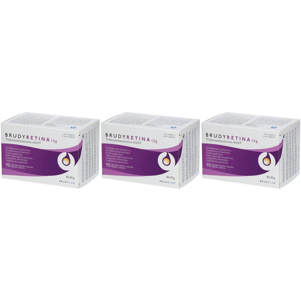 Trois boîtes de Brudyretina 1,5 g. Emballage blanc avec des accents violets et des informations sur le produit. Inscription : Brudyretina 1,5 g.