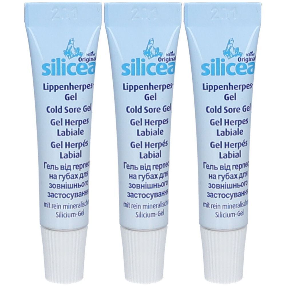 Trois tubes de gel pour l'herpès labial. Tubes bleu clair avec bouchon à vis blanc. Étiquetage multilingue.