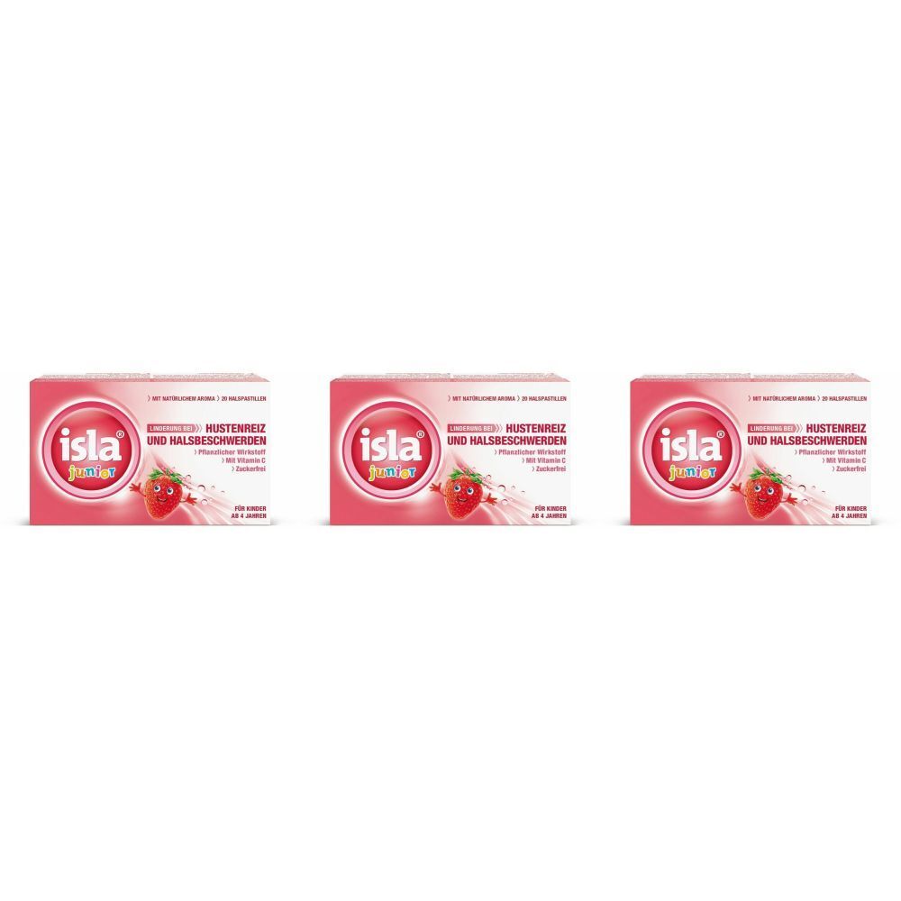 Trois boîtes de pastilles Isla Junior. Emballage rose avec logo, fraise et texte. Contre la toux et les maux de gorge.