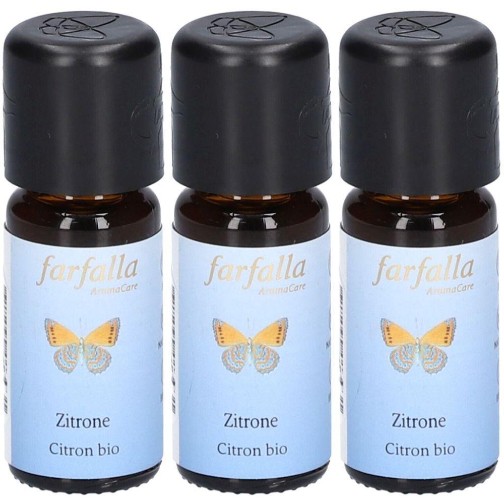 Trois petites bouteilles en verre brun avec des bouchons noirs. Les étiquettes indiquent "farfalla", "Zitrone" et "Citron bio".