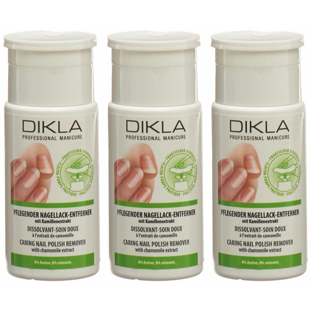 Trois flacons de dissolvant DIKLA. Récipient blanc avec étiquette verte. Texte: Dissolvant-soin doux, à l'extrait de camomille.