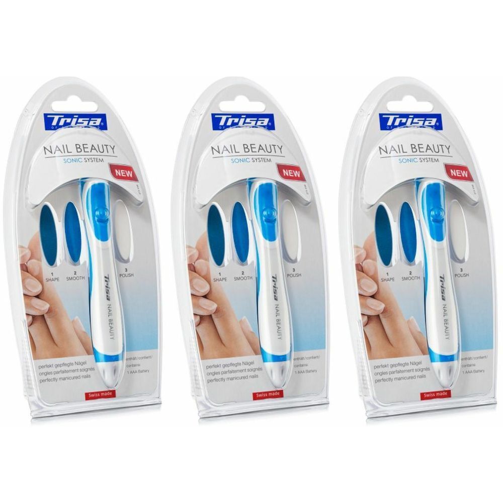 Trois emballages TRISA Nail Beauty. Chaque emballage contient un appareil blanc et bleu et des accessoires bleus. Inscription : Sonic System, NEW, Swiss Made.