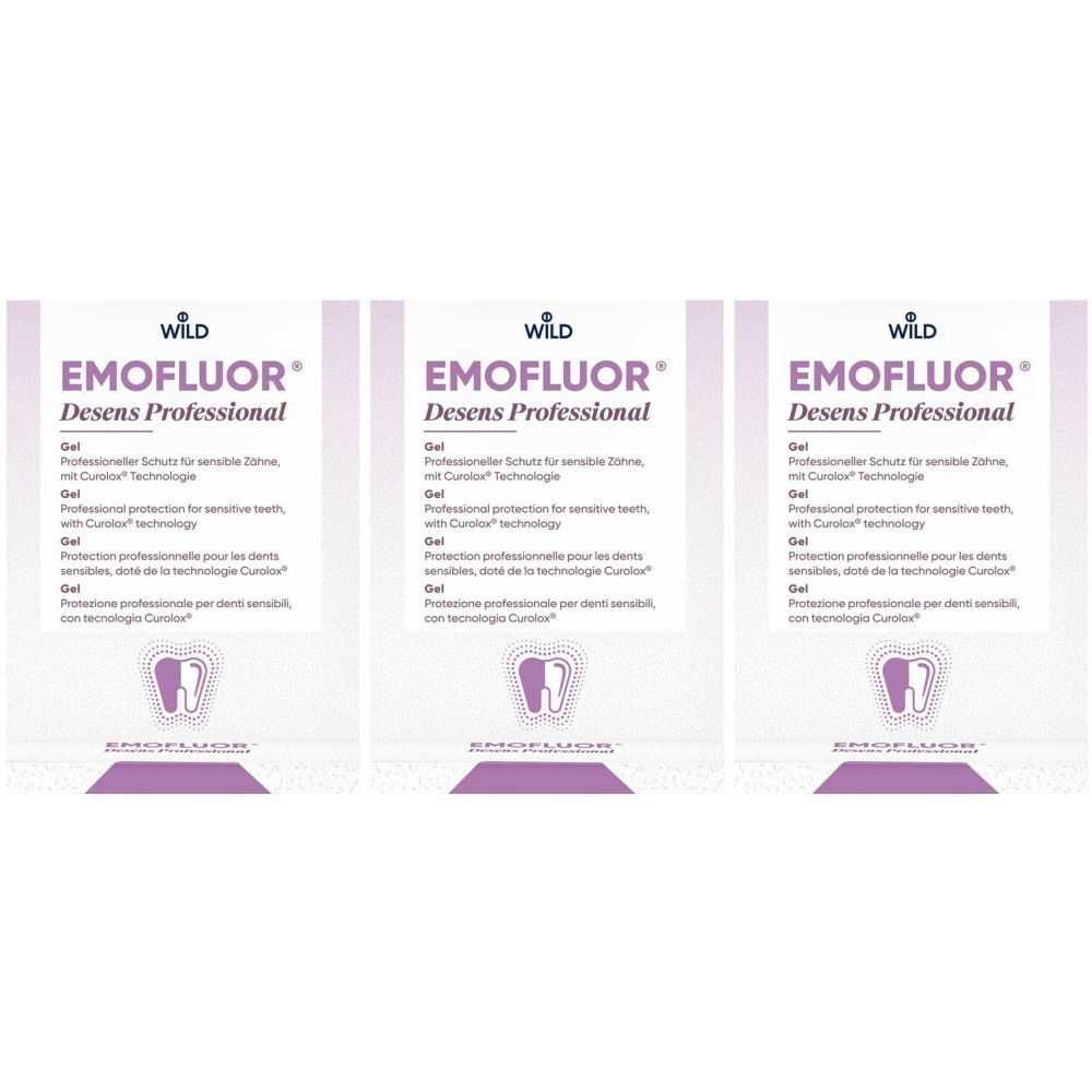 Trois paquets de gel EMOFLUOR® Desens Professional. Inscription : Protection professionnelle pour dents sensibles, avec technologie Curolox®.