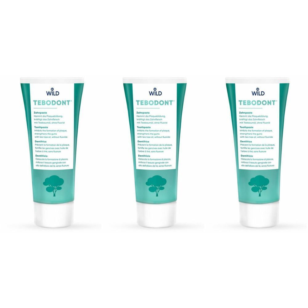 Trois tubes de dentifrice TEBODONT. Emballage turquoise et blanc avec informations et logo du produit.
