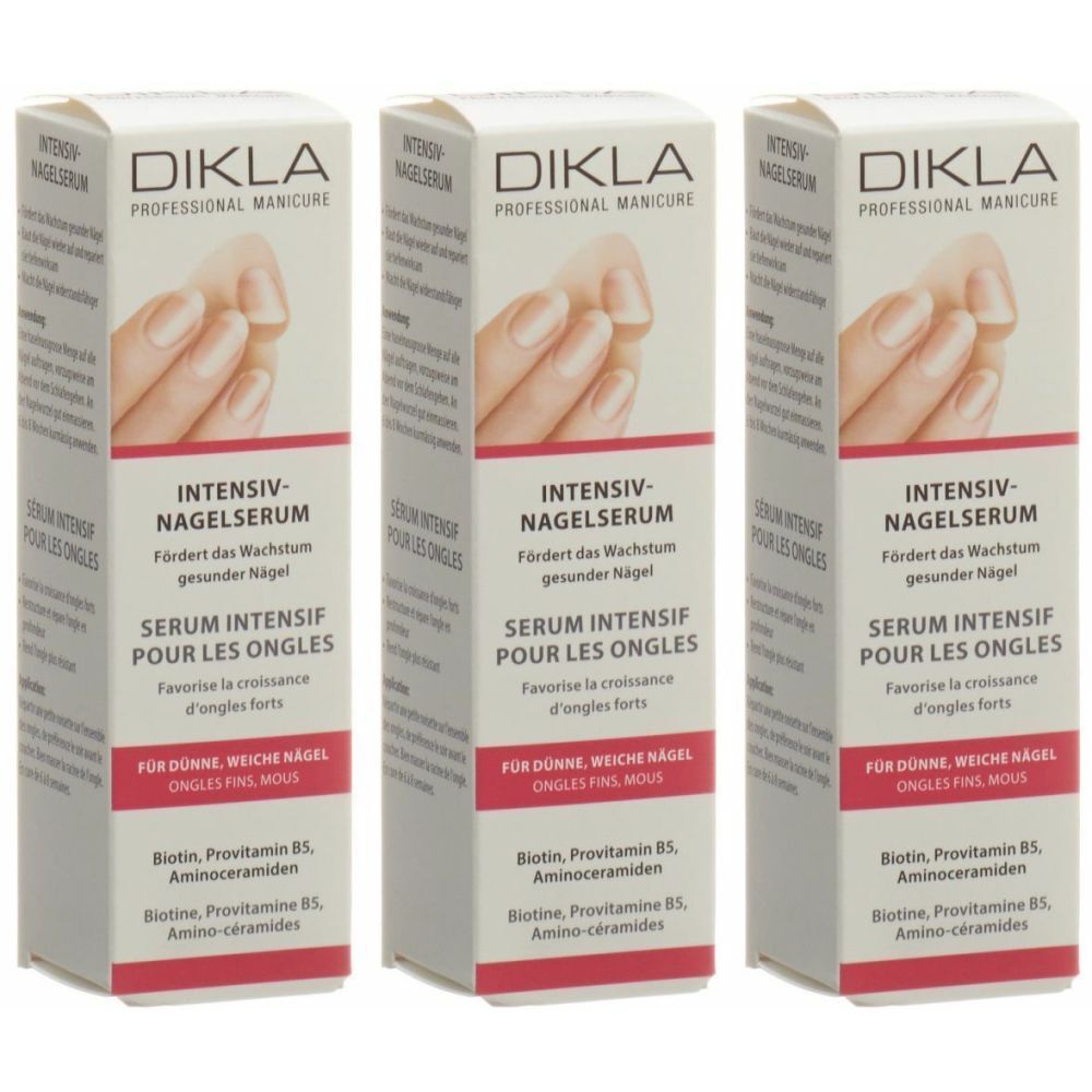 Trois boîtes de sérum intensif pour les ongles DIKLA. Emballage blanc avec nom du produit, image de main et ingrédients.