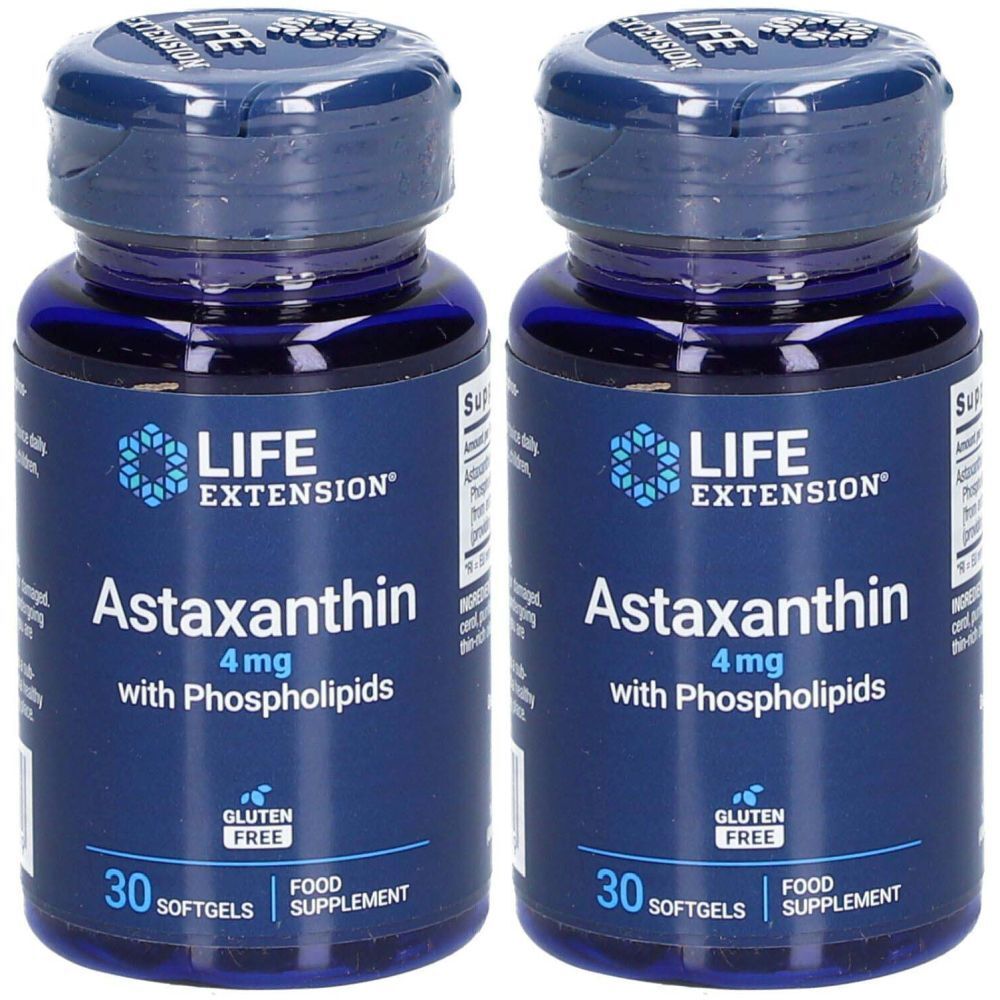 Deux flacons bleus. Inscription: LIFE EXTENSION Astaxanthine 4mg avec phospholipides. Sans gluten. 30 gélules.
