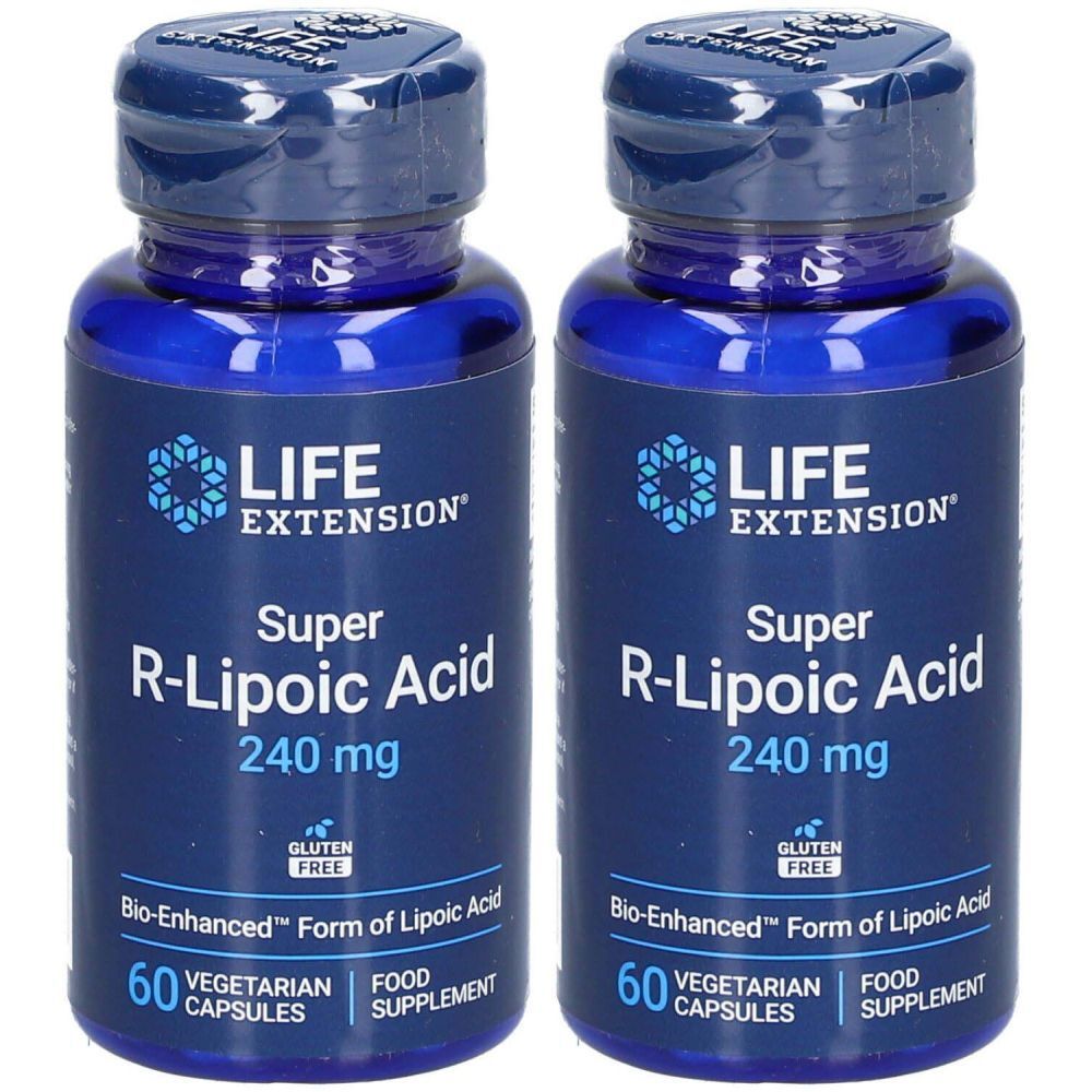 Deux flacons bleus de gélules. Inscription : LIFE EXTENSION Super R-Liponsäure, 240 mg, sans gluten, 60 gélules végétariennes.