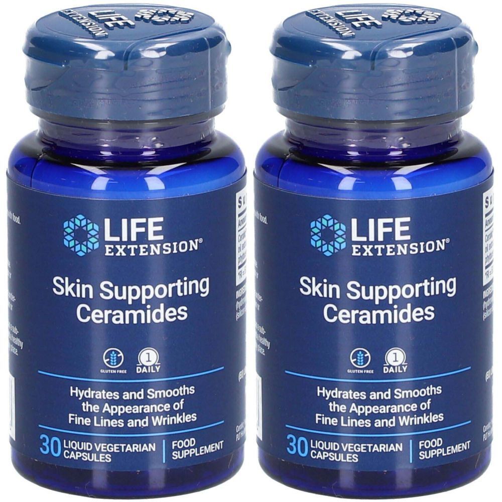 Deux flacons bleus avec étiquettes "LIFE EXTENSION" et "Skin Supporting Ceramides". Capsules, sans gluten, prise quotidienne.