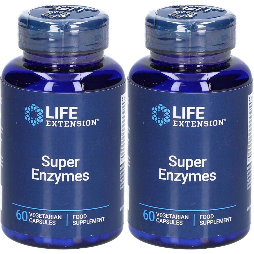 Deux flacons bleus "LIFE EXTENSION Super Enzymes". Chaque flacon contient 60 gélules végétariennes. Complément alimentaire.