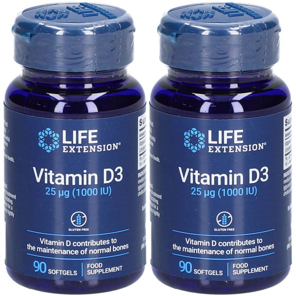 Deux flacons de LIFE EXTENSION Vitamine D3. Flacons bleus avec texte blanc. Inscription : Vitamine D3, 25 µg (1000 UI), 90 gélules.
