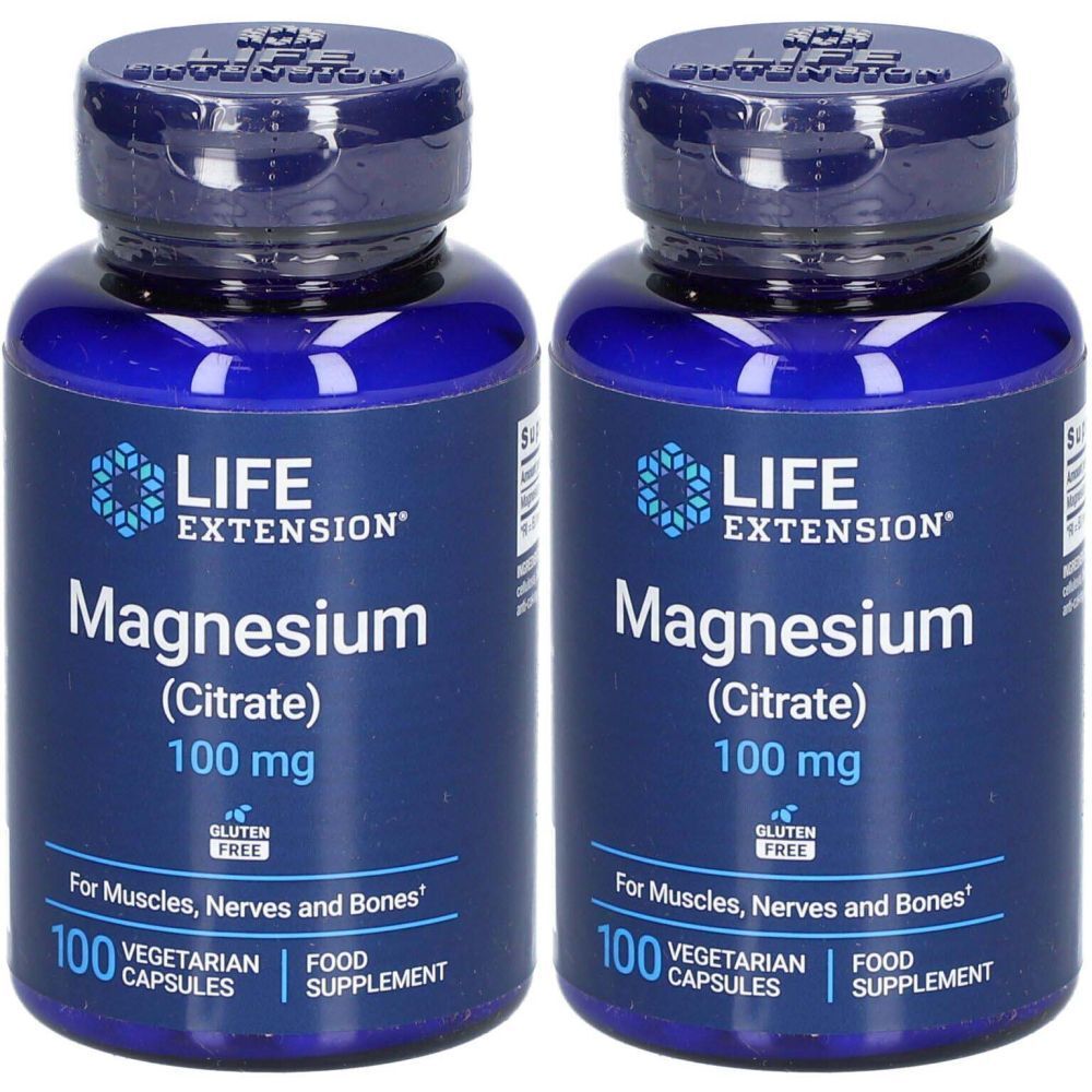 Deux flacons bleus de gélules de citrate de magnésium. Inscription : LIFE EXTENSION, 100 mg, sans gluten, 100 gélules végétariennes.