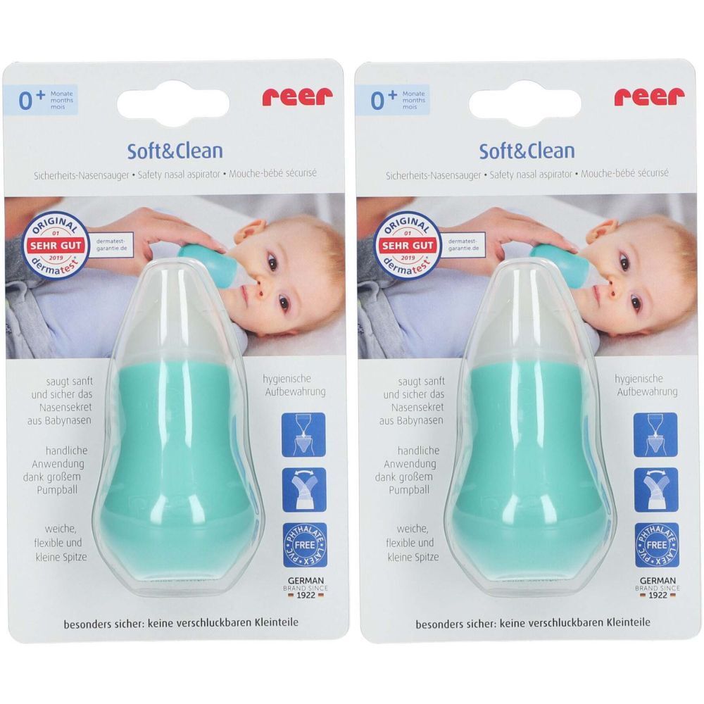 Aspirateur nasal en emballage. Poire turquoise avec embout transparent. Marque : reer, modèle Soft&Clean. Emballage avec bébé.