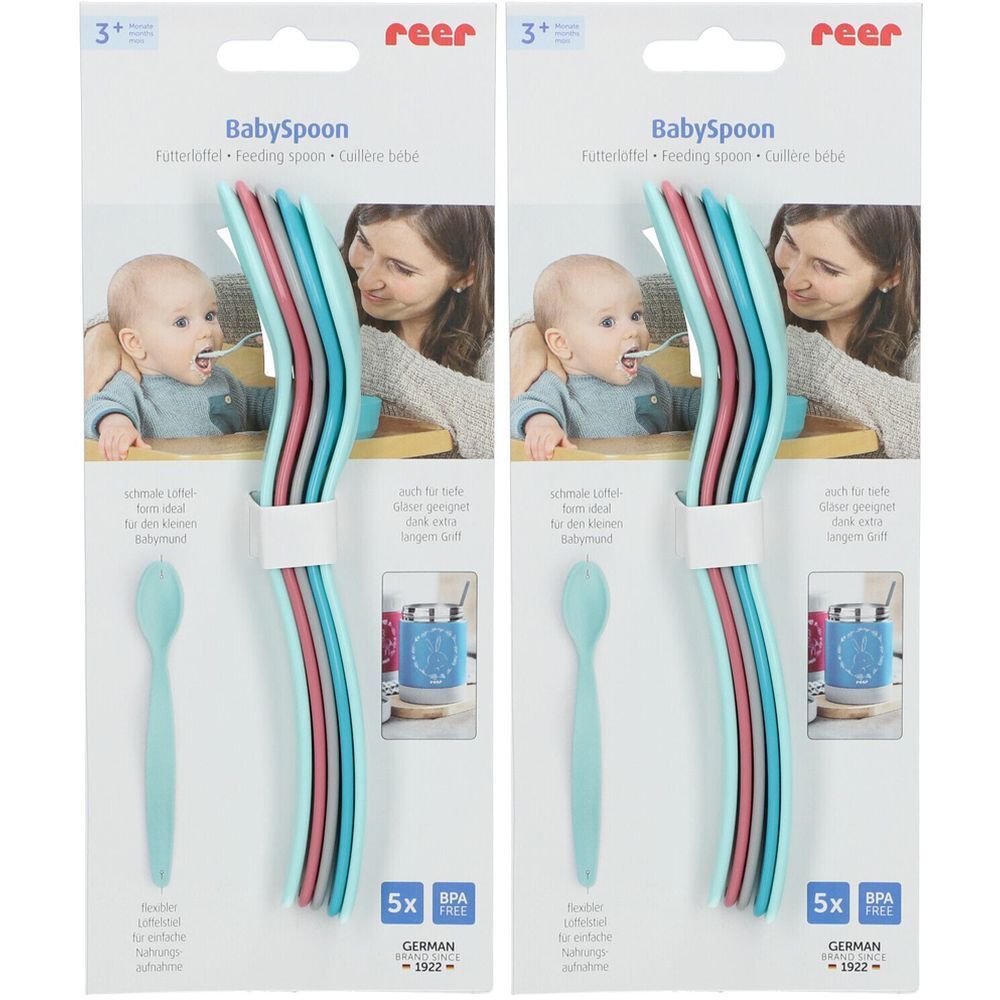 Deux paquets de BabySpoon. Chaque paquet contient 5 cuillères de différentes couleurs. Sans BPA.