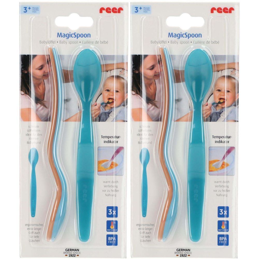 Deux cuillères pour bébé sous blister. Turquoise et marron. Marque reer, modèle MagicSpoon. Recommandé pour les 3 ans et plus. Sans BPA.