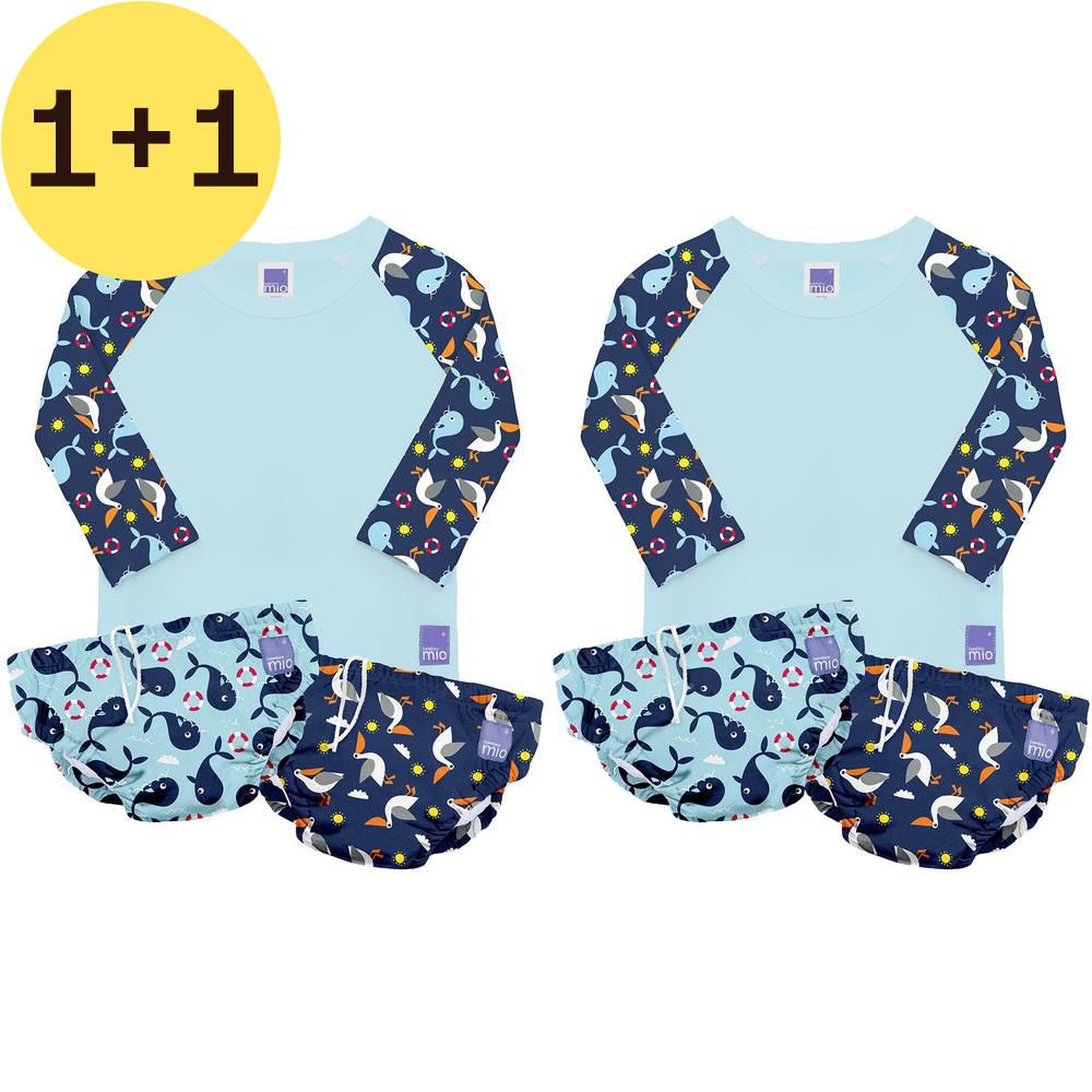 Deux ensembles de bain. Haut bleu clair avec manches bleu foncé à motifs de baleines. Culottes de bain assorties. Étiquette jaune 1+1.
