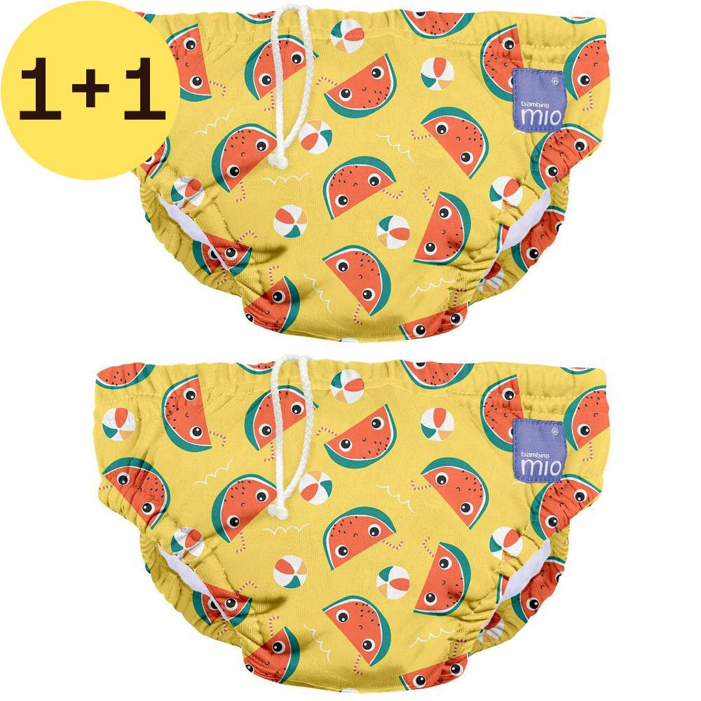 Deux couches de bain jaunes avec motif pastèque. Cordon de serrage et logo de la marque.