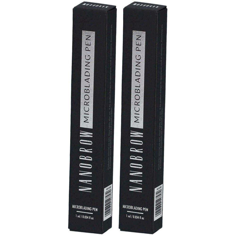 Deux boîtes noires. Inscription : NANOBROW MICROBLADING PEN. En bas : 1 ml / 0,034 fl oz.