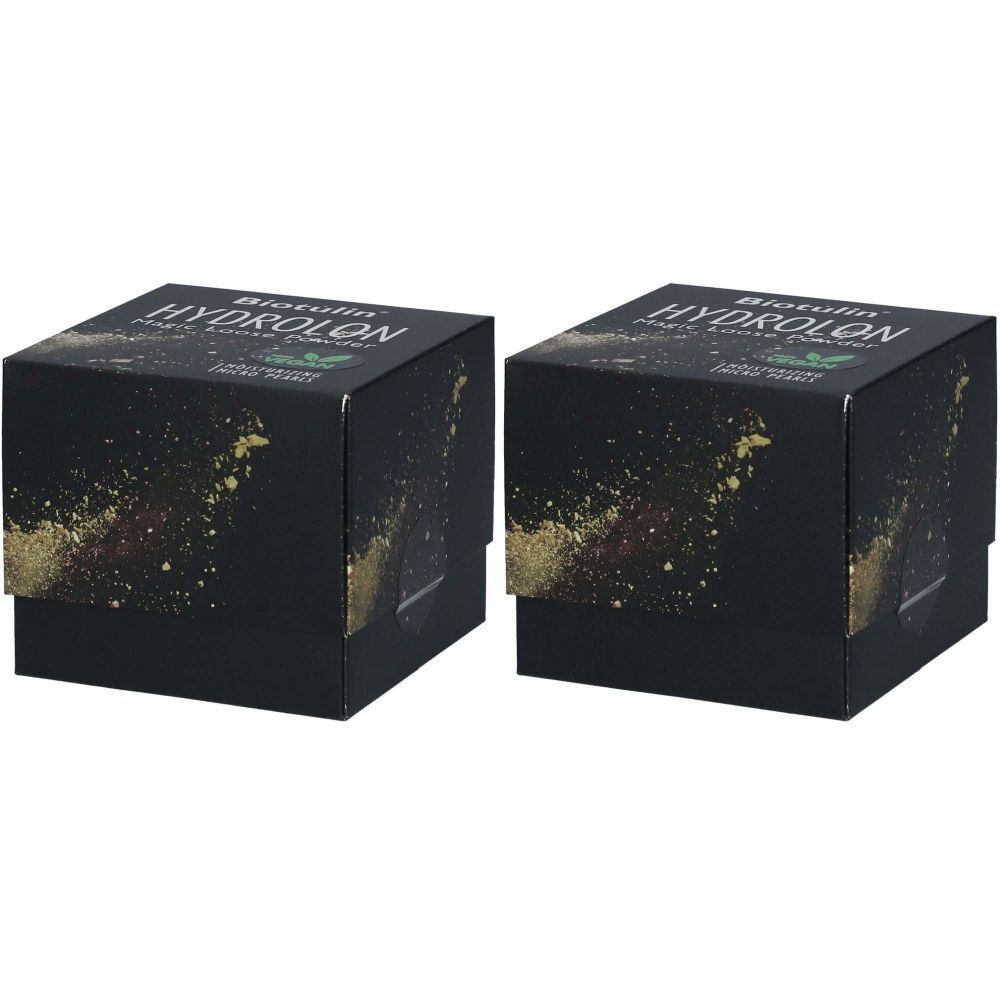 Deux boîtes carrées noires avec des éclaboussures dorées. Le mot "HYDROLON" est visible sur le dessus.