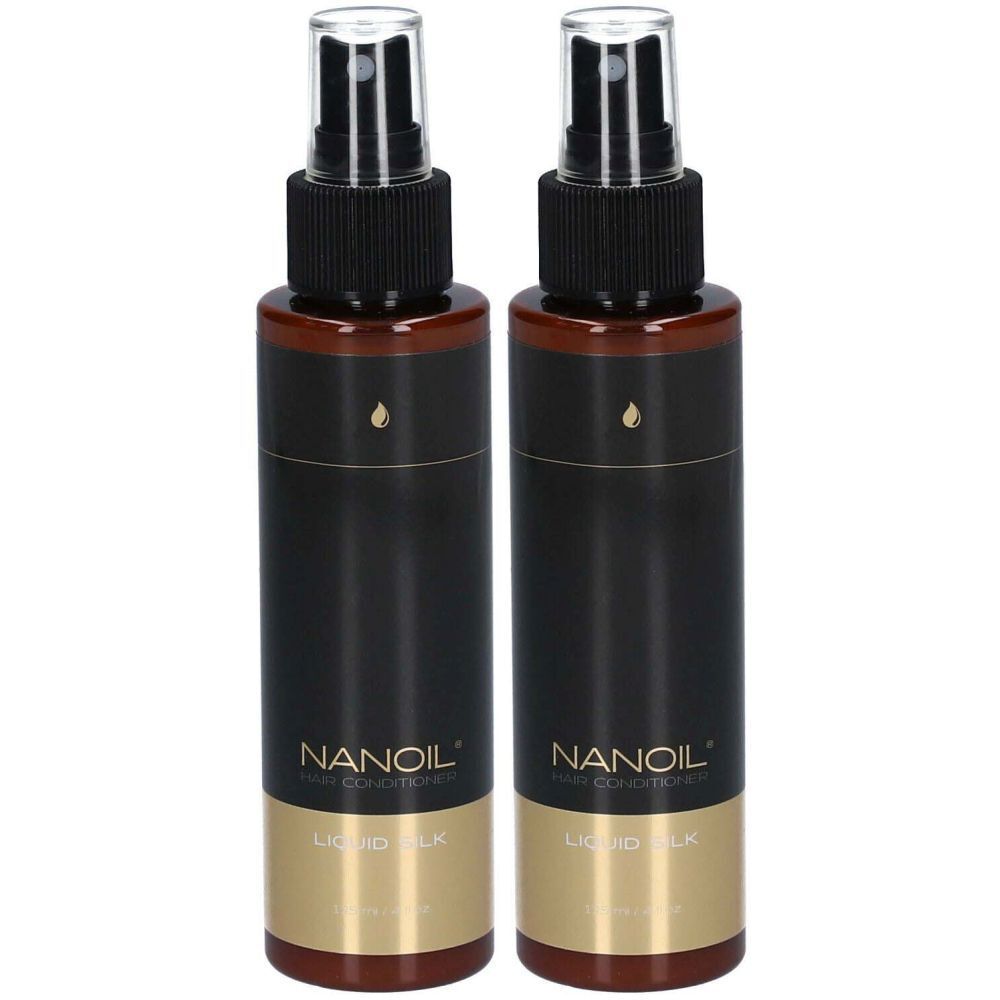 Deux flacons pulvérisateurs noirs et marron. Inscription: NANOIL Hair Conditioner Liquid Silk.