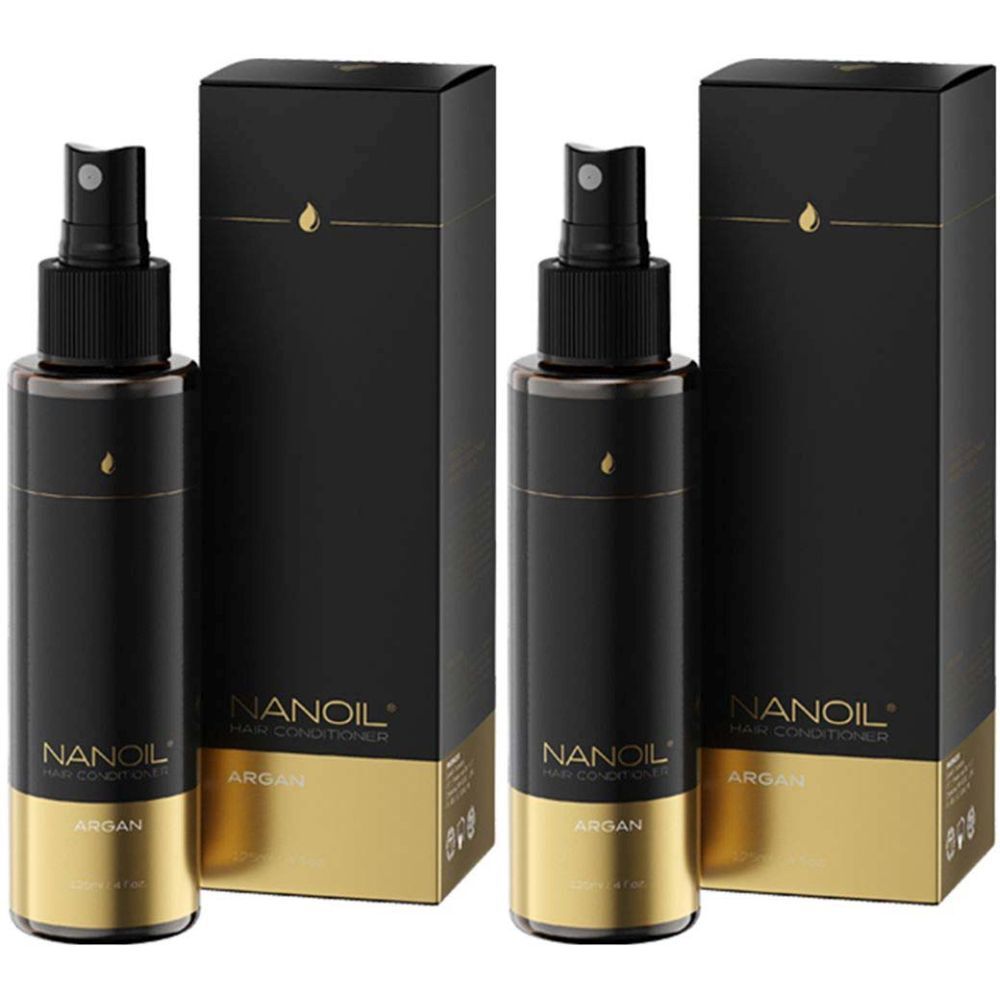 Deux flacons avec vaporisateur et emballage noir. Inscription : NANOIL, après-shampooing, Argan. Accents dorés.